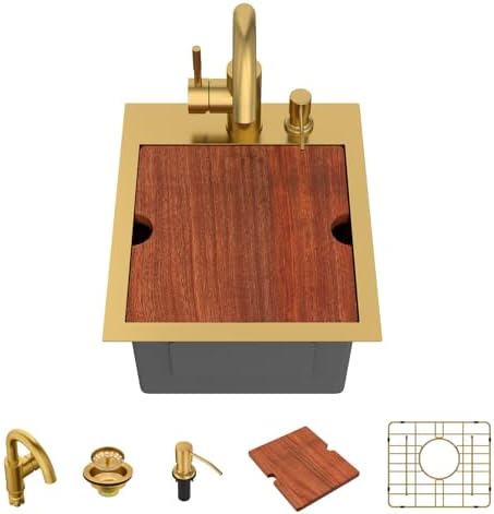 Bar Sink - Lordear 13x15 Gold Drop In Bar Sink with Faucet Soap Dispenser Workstation 16 Gauge T304 Stainless Steel Single Bowl Top Mount Wet Bar RV Prep Outdoor Kitchen Sink 13x15x9 Inch by LORDEAR