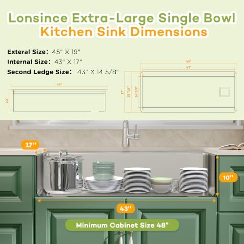 45 inch Undermount Kitchen Sink with Two-Tiered Ledge,Offset Drain - Image 2