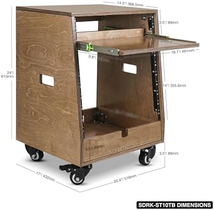 Sound Town DIY Slanted 10U Studio Rack (2U Top + 8U Lower), with 2U Bottom Storage, Slide-Out Tray, Caster, Plywood, Weathered Brown for Recording Room, Home Studio (SDRK-ST10TB) - Image 5