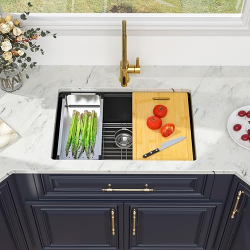 Kichae 28 x 19 Undermount Kitchen Sink Black Granite Composite Workstation - Image 2