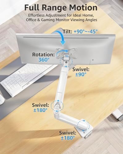 MOUNTUP Single Monitor Desk Mount Holds Screen up to 32 inch, Height Adjustable Monitor Arm, Full Motion Computer Monitors Stand with Clamp/Grommet Base, VESA Mounts Fit 4.4-19.8lbs Computer, White - Image 5