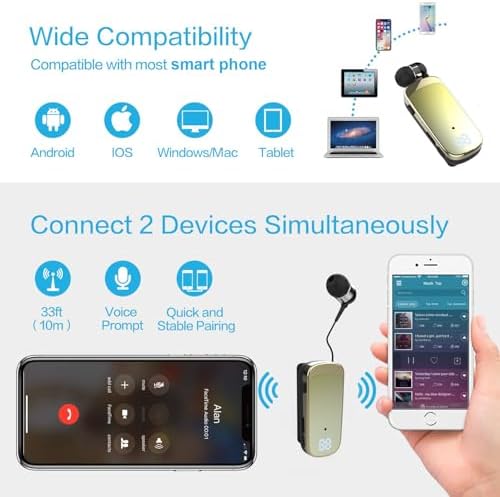 Retractable Wireless Headset Headphone Stereo Earphone V5.0 Noise Cancelling Mic Clip on Earpiece Comfortable HandsFree Headset 20Hrs Talking Time Sports Business Trucker Driver Earbud - Image 6