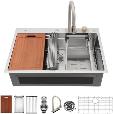Sarlai 33 Inch Waterfall Kitchen Sink Workstation - 33x22 Waterfall Drop In Sink Stainless Steel 16 Gauge Sink Multifunction Single Bowl Smart Top Mount Kitchen Sink with Faucet Combo - Image 2