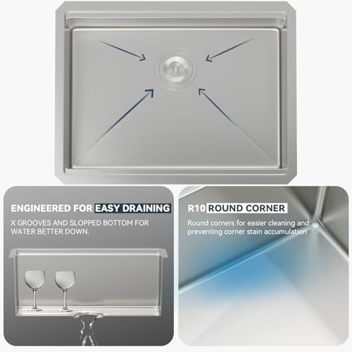 Lordear 25 Inch Undermount Kitchen Sink Workstation 25x19x10 16 Gauge Stainless Steel Single Bowl Round Corner Kitchen Sinks - Image 4