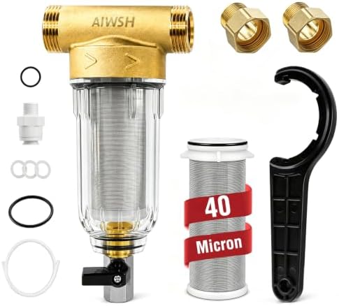 40 Micron Spin Down Sediment Filter,Reusable Sediment Water Filter,Washing Machine Water Filter,Whole House Pre-Filtration System for City Water & Well Water,25GPM,1" MNPT+3/4" FNPT+3/4" MNPT by AIWSH