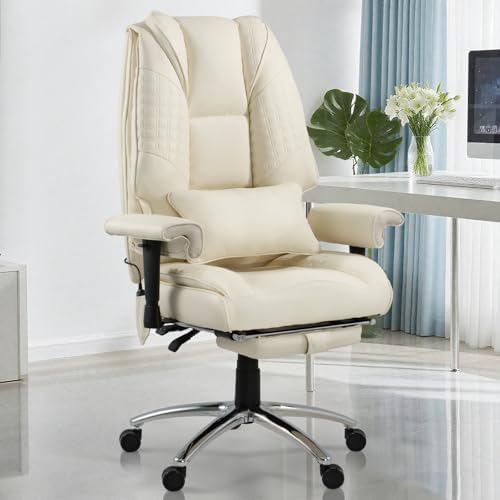 Vibration Massage Heated Office Desk Chair with Foot Rest, Beige - Image 2