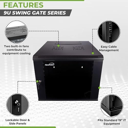 NavePoint 9U Server Cabinet with Hinged Back - 23.6” Deep, Server Rack Enclosure with Locking Glass Door, Wall Mount Rack with Removable Side Panels, Network Cabinet with 2 Fans, Pre-Assembled - Image 3