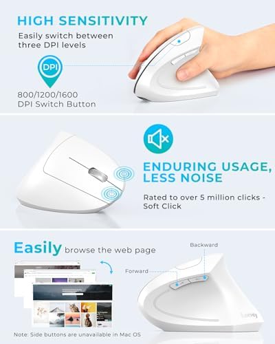Lekvey Ergonomic Mouse, Rechargeable Vertical Wireless Mouse, White - Image 5