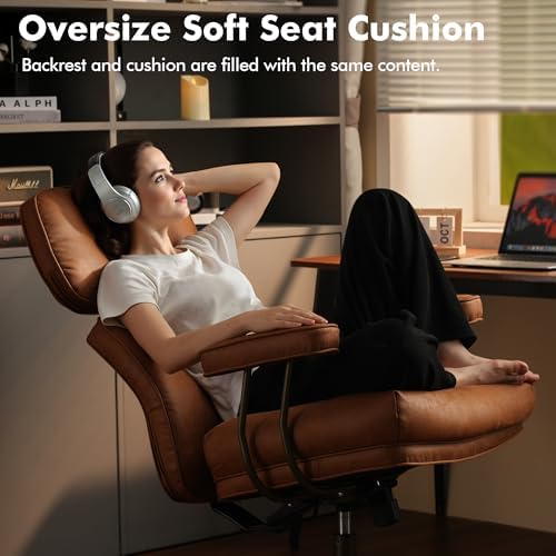 Brown Leather Home Office Chair, Ergonomic High Back Executive Chair with Deep Seat Thick Cushion, Mid Century Modern Big and Tall Computer Desk Chair with Lumbar Support (Light Brown Suede) - Image 3