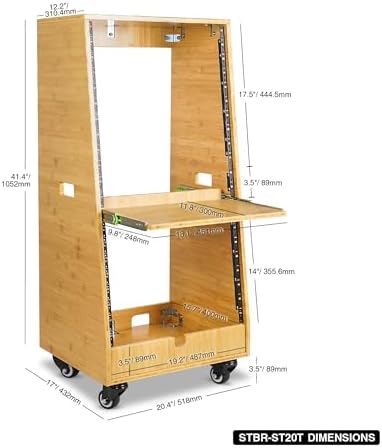 Sound Town DIY Solid Carbonized Bamboo Slanted 20U Studio Rack (12U Top + 8U Lower), with 2U Bottom Storage, Slide-Out Tray, Caster, For Recording Room, Home Studio (STBR-ST20T) - Image 5