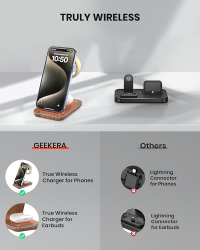 GEEKERA Wireless Charger, 3 in 1 Wireless Charging Station for iPhone Air/17/16/15/14/13/12/11, Phone and Watch Charger Stand for Apple Watch Ultra 3-2/11-2/SE, AirPods Pro/4/3/2, Dark Wood - Image 5