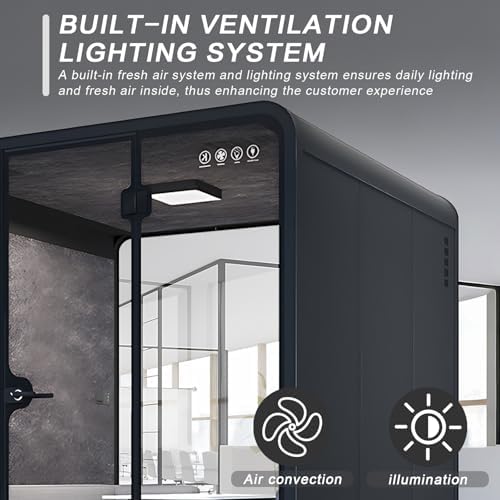 Office Sound Booth with Audio Privacy - Black Office Pod with Curved Corner Design&Small Table,Soundproof Booth Includes Central Lighting,Honeycomb Aluminum Panel,Fans for Meeting(86IN) - Image 5