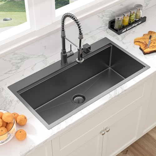 Sarlai 36 Inch Black Drop In Kitchen Sink Workstation 36x19 Drop In Kitchen Sink Black Stainless Steel Topmount Workstation Sink 16 Gauge Deep Single Bowl Top-mount Kitchen Sink - Image 4