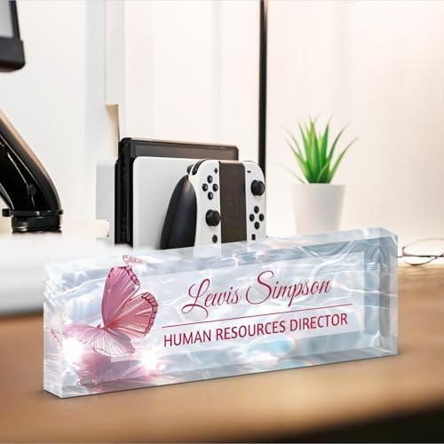 Custom Name Plate for Desk, Office Desk Double sided pattern Name Plate Personalized Office Desk Decor for Women and Men, Teacher Nurse Boss Employee Appreciation Gifts (Water wave butterfly, customization) - Image 3