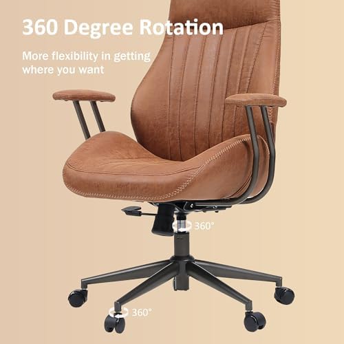 High Back Home Office Chair, Mid Century Vintage Executive Chair,Comfy Ergonomic Rolling Office Task Chair with Lumbar Support,Brown Faux Leather Office Chair,Brown - Image 5
