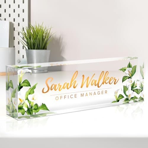 Name Plate for Desk, Desk Name Plate Personalized, Office Decor for Women Men, Acrylic Desktop Accessories, Office Gifts for Boss Nurse Teacher Coworker, Employee Appreciation Gift (Purple Calla) by Spricoz