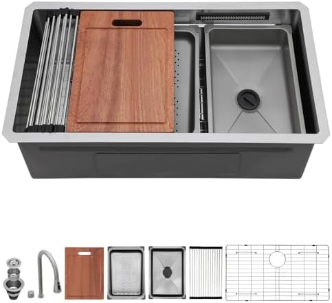Sarlai 33 Inch Undermount Waterfall Kitchen Sink 33"x17" Sinks Workstation - Image 4