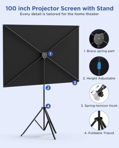 Projector Screen with Stand, 100 Inch Portable Projector Screen Outdoor Indoor, 1.2 Gain Fiberglass Projection Screen, 16:9 Outdoor Movie PVC Screen with Carrying Bag for Movie Night(White Screen) - Image 4