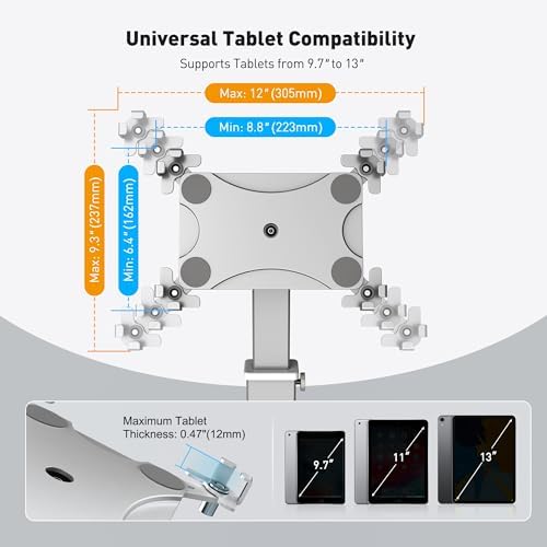 AboveTEK Anti-Theft iPad Kiosk Stand, 360 Rotation & Adj. Height 8.3"–13.4", Heavy-Duty Steel & Aluminum, Fits 9.7"-13" Tablets, Security Retail POS Tablet Stand for Business & Commercial Use (Silver) - Image 3