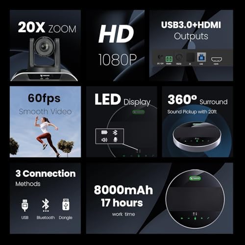 20x Zoom Conference Room Camera System TONGVEO All-in-1 Video and Audio Conferencing System 20X Optical Zoom USB3.0 HDMI PTZ Camera and Conference speaker with microphone Bundle for large Meeting Room - Image 3