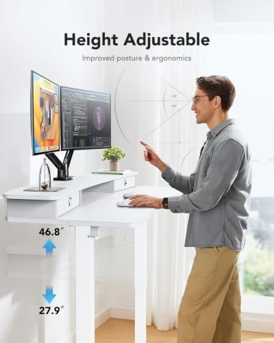 HUANUO 48″ x 24″ Electric Standing Desk with 2 Drawers, C-Clamp Mount Compatible, Height Adjustable Computer Desk, Home Office Stand Up Desk with 4 Preset Heights & 2 Hooks, White - Image 6