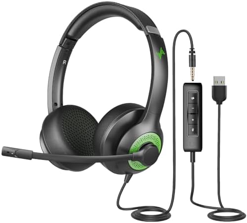 JIAMQISHI USB Headset with Mic for PC, On-Ear Computer Laptop Headphones with Noise Cancelling Microphone in-line Control for Home Office Online Class (USB+3.5mm, Green) by JIAMQISHI
