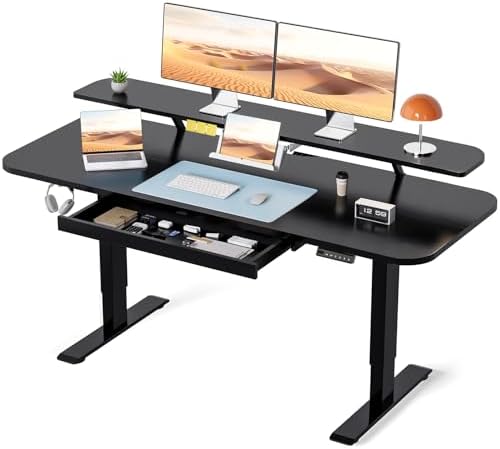 COMHOMA Electric Standing Desk with Drawers, 55 x 24 Inch Sit Stand up Desk with Monitor Stand, Laptop Stand, Height Adjustable Home Office Computer Desks with Memory Preset Controller (Black) by ComHoma