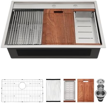33 Inch Kitchen Sink Drop In - Lordear 33x22 inch Stainless Steel Kitchen Sink Drop-in Topmount 16 Gauge Single Bowl Workstation Kitchen Sinks with Accessories by LORDEAR