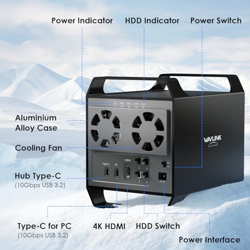 WAVLINK 4-Bay Hard Drive Enclosure for 3.5" and 2.5'' SATA HDD/SSD Featuring 10Gbps USB-C 3.2, Max 88TB Capacity, Built-in Temp-Controlled Cooling Fans, 4K HDMI Stunning Video Output, Aluminum Shell - Image 2