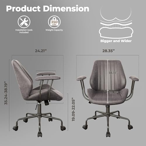 ovios Ergonomic Office Chair, Mid-Back Faux Suede Fabric Executive Chair with Padded Armrest, Mid-Century Modern Comfy Swivel Rolling Computer Desk Chairs, Gray - Image 2