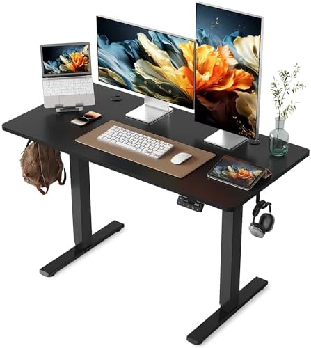 YIHAYO Electric Standing Desk, 48 x 24 Inches Stand Up Desk with Splice Board, Adjustable Height Desk, Computer Desk for Home Office, Black Frame/Black Top by YIHAYO