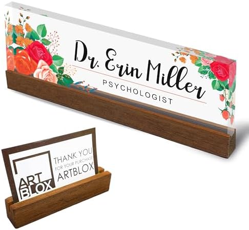 Artblox Personalized Office Desk Name Plate and Business Card Holder | Clear Acrylic Glass with Teak Wood Stand |Mixed Flowers Design Customized with Your Name and Credentials Office Desk Décor by Artblox