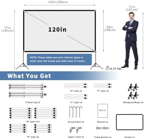 120inch Projector Screen with Stand, Portable Movie Screen Indoor Outdoor - Image 3