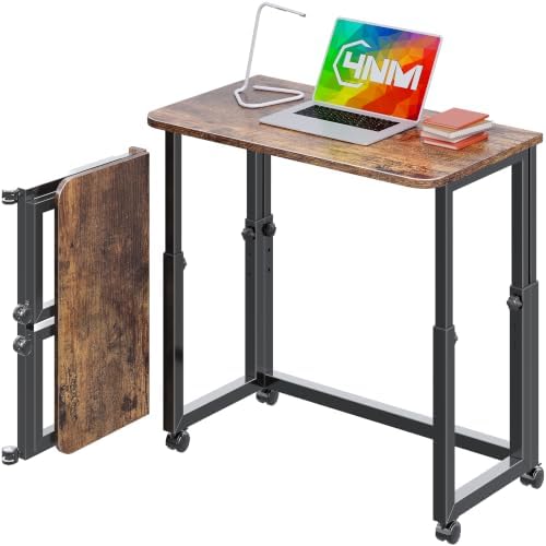 4NM No Tool Assembly 27.5" Small Desk, Folding Portable Desk with Wheels, Foldable Computer Home Office Desks, Collapsible Study Writing Table for Space Saving Bedroom - Rustic Brown by 4NM