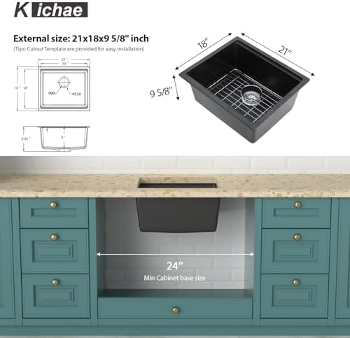 Kichae 21 x18 Undermount Bar Sink Black Small Granite Composite Quartz Sink - Image 7