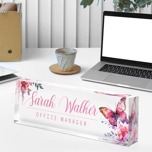 Custom Name Plate for Desk - Desk Name Plate Personalized - Acrylic Office Desk Accessories - Appreciation Gifts for Coworkers Employee Teacher Staff Boss - Office Decor for Women (Pink Butterfly A) - Image 4