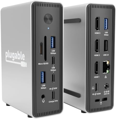 Plugable USB-C Triple Display Laptop Docking Station 3 Monitors, 15-in-1: 3X HDMI, Dual 4K or Triple (1x 4K60 + 2X 1080p) 2.5GbE, 100W PD, 30W USB-C Charge Port, Driverless for Windows, UD-MSTH3 by Plugable