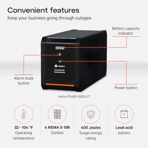 Vertiv PSA6E-600LVT 600VA & 360W PowerUPS 200 Essential 120V Line Interactive Desktop UPS - Image 3