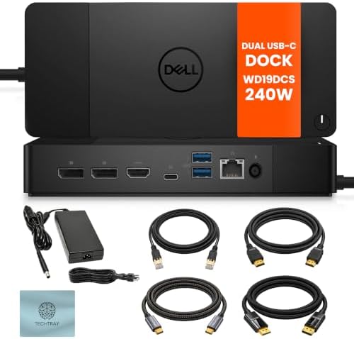 WD19DCS Dell Docking Station Dual Monitor Bundle, Dual USB-C Performance Dock, 4K Display, 240W Adapter with TT Cables Each 2m, DisplayPort, HDMI, USB4-C, Ethernet, Microfiber Cloth, 3-Year Warranty by TechTray