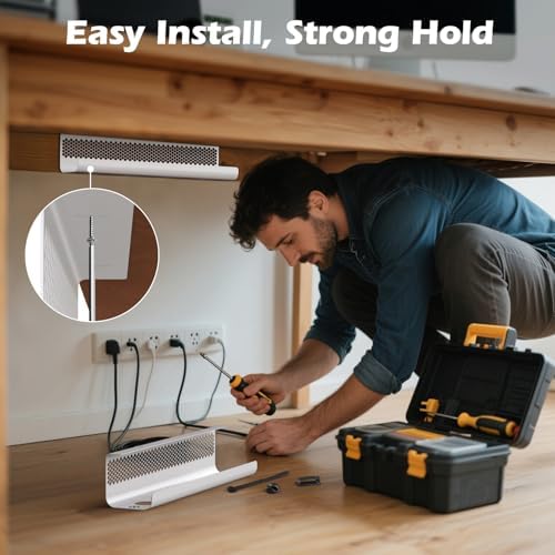 KHAMAL Cable Management Under Desk 26PCS - Cable Management Tray Kit Ventilated Hexagonal Design with Cable Clips, Wire Ties, Cord Holder & Screws for Office, Home - 2 White Sets - Image 5
