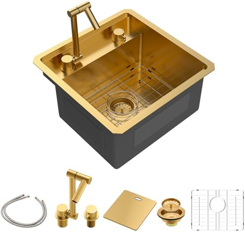 Sarlai Undermount Bar Sink - 18 Inch Gold Undermount Kitchen Sink Workstation with Foldable Faucet 18x18 Inch Outdoor Bar Prep Single Bowl Gold Sinks 16 Gauge Stainless Steel BBQ Basin with Cover by Sarlai
