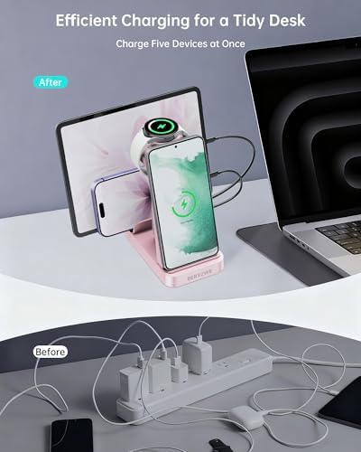 Wireless Charger for Samsung: 5 in 1 Samsung Wireless Charging Station for Galaxy S26Ultra/S25/S24, Charger Dock Stand for Galaxy Watch8/7/6/5, Android Charging Station for All USB-C Buds, Pink - Image 3