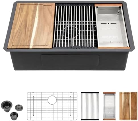 30 Inch Black Undermount Workstation Kitchen Sink with Accessories by Couoko