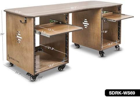 Sound Town DIY Music Studio Rack Desk Workstation with 2 X 13U Side Cabinets, Two Slide-Out Trays, Casters, Plywood, Weathered Brown for Recording Room, Home Studio (SDRK-WS69) - Image 5