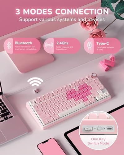 RK ROYAL KLUDGE R75 Wireless Mechanical Keyboard, 75% Percent Custom Gaming Keyboard Gasket Mount RGB Backlit with Knob & PBT Keycaps, BT5.1/2.4GHz/USB-C, Hot Swappable Cream Switch - Image 3
