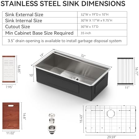 Lordear 32 Undermount Kitchen Sink 32x19 Inch Stainless Steel Kitchen Sinks Ledge Workstation 16 Gauge Single Bowl Under Counter Handmade Sink with Cutting Board - Image 5