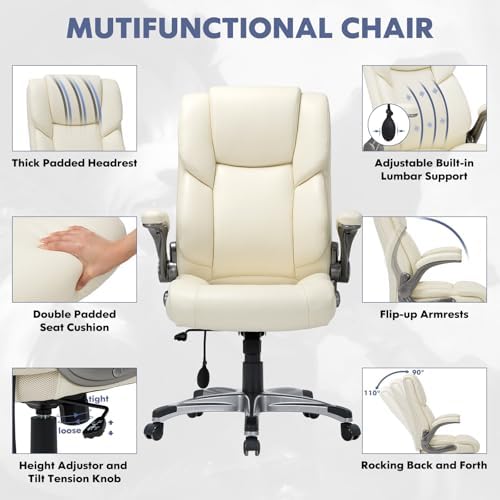 COLAMY Leather Executive Office Chair- High Back Home Computer Desk Chair with Padded Flip-up Arms, Adjustable Tilt Lock, Swivel Rolling Ergonomic Chair for Adult Working Study-Lvory, Set of 2 - Image 4