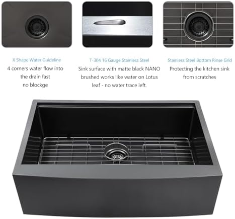 36 Black Farmhouse Sink - Lordear 36 Inch Kitchen Sink Ledge Workstation Gunmetal Black 16 Gauge Single Bowl Apron Front Farm Sinks Basin, 9" Apron Height - Image 5