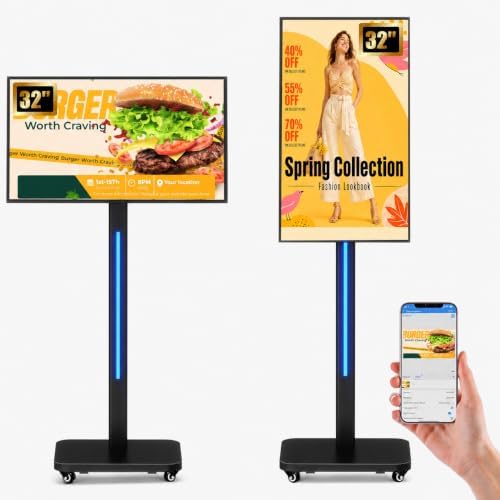 32 Inch Digital Signage Display on Wheels, Portable LCD Touch Digital Kiosk with Adjustable Rolling Stand, Phone App Control Android 14 Advertising Display Poster, Auto Media Player, HDMI/USB by JASZDOT