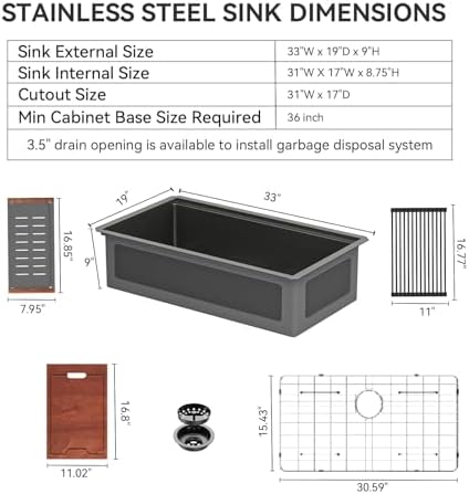 Lordear 33x19 Inch Black Kitchen Sink Undermount Honeycomb Nano Finish 16 Gauge T304 Stainless Steel Single Bowl Workstation Sink with Cutting Boards Handmade - Image 5